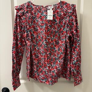NWT J.Crew Ruffle-Trim Cotton Poplin Top Red Green Floral Spring Size S